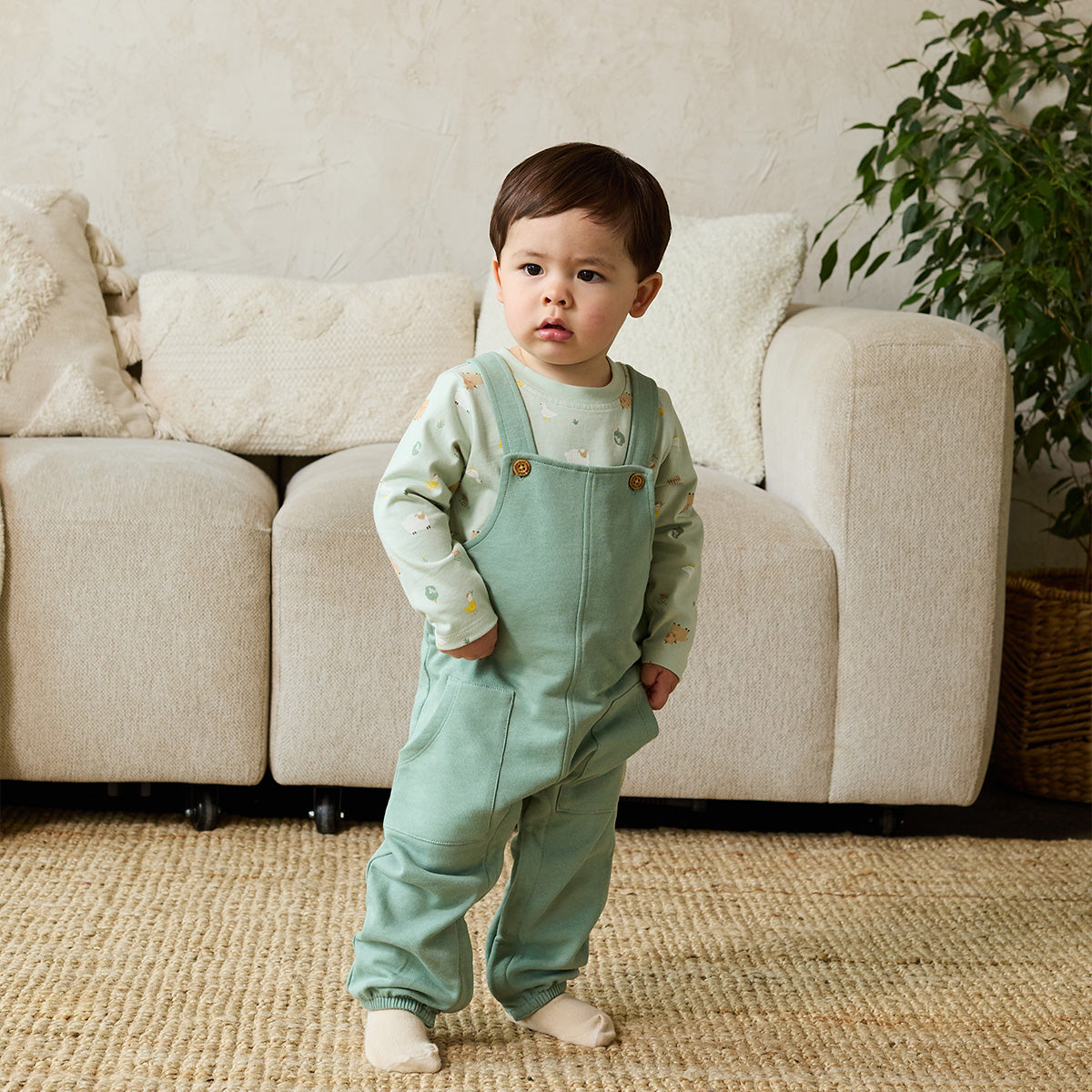 Baby Unisex Sage Green Cotton Farm Printed T-Shirt And Dungaree Set Regular Fit Casual Wear