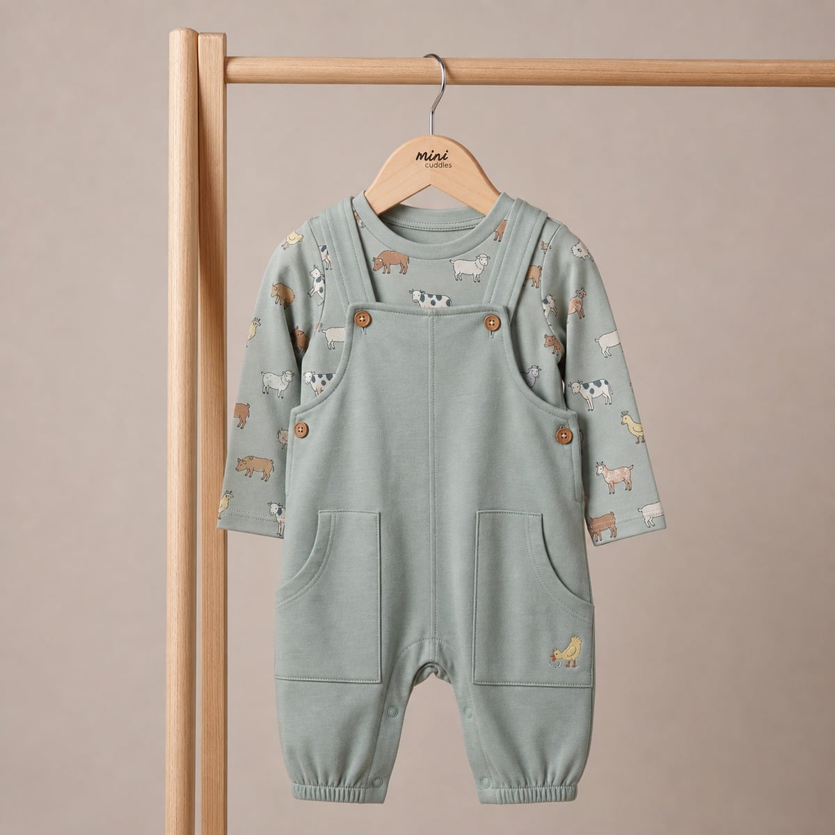 Baby Unisex Sage Green Cotton Farm Printed T-Shirt And Dungaree Set Regular Fit Casual Wear