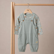 Baby Unisex Sage Green Cotton Farm Printed T-Shirt And Dungaree Set Regular Fit Casual Wear