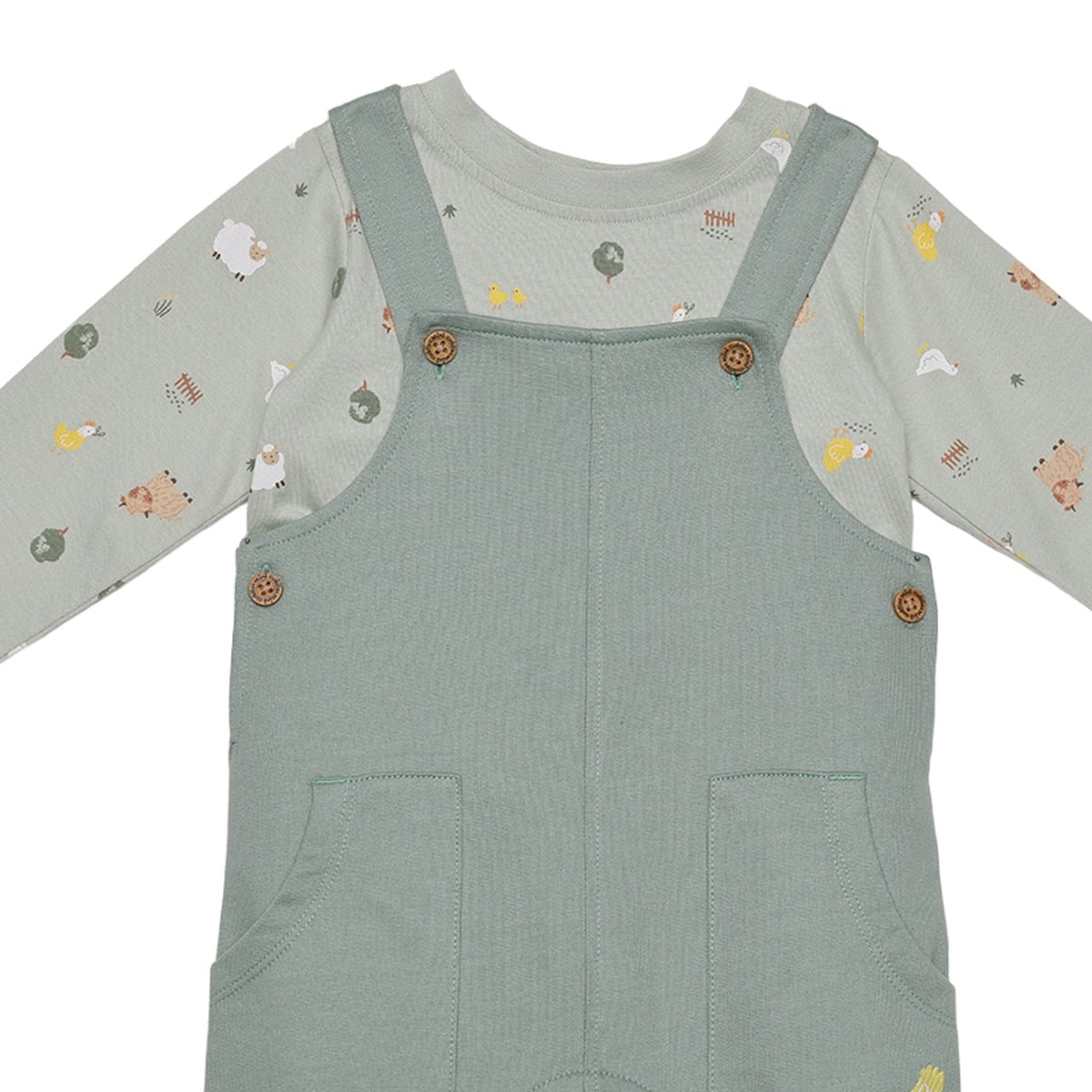 Baby Unisex Sage Green Cotton Farm Printed T-Shirt And Dungaree Set Regular Fit Casual Wear