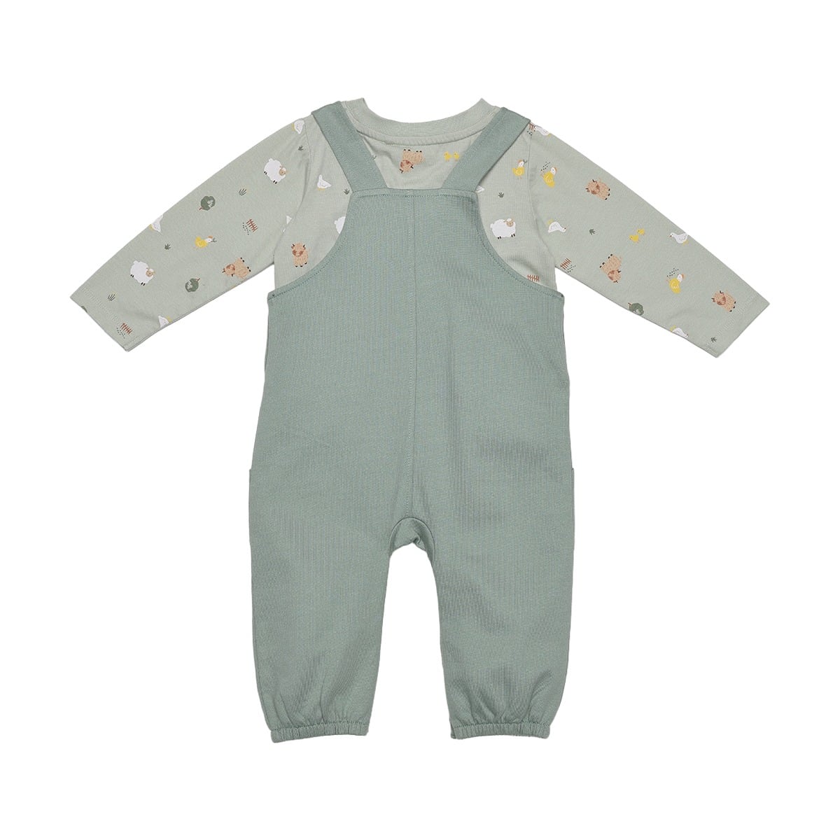 Baby Unisex Sage Green Cotton Farm Printed T-Shirt And Dungaree Set Regular Fit Casual Wear