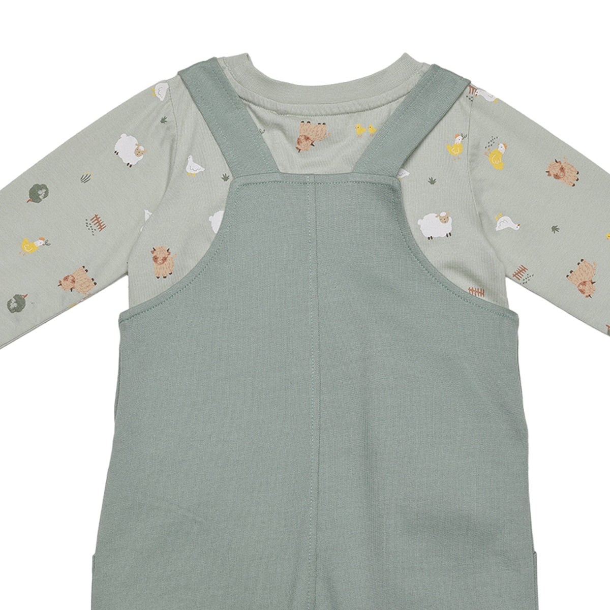 Baby Unisex Sage Green Cotton Farm Printed T-Shirt And Dungaree Set Regular Fit Casual Wear