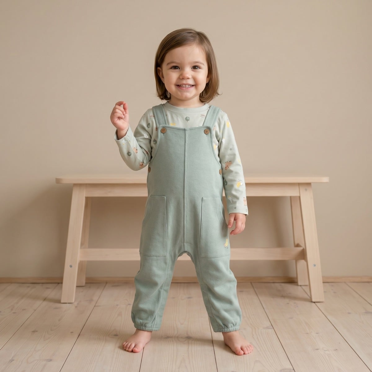 Baby Unisex Sage Green Cotton Farm Printed T-Shirt And Dungaree Set Regular Fit Casual Wear