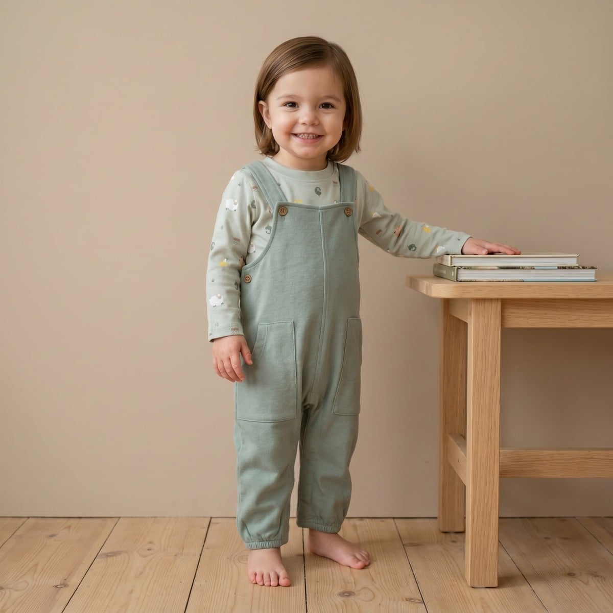Baby Unisex Sage Green Cotton Farm Printed T-Shirt And Dungaree Set Regular Fit Casual Wear