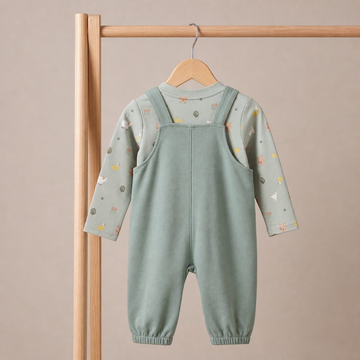 Baby Unisex Sage Green Cotton Farm Printed T-Shirt And Dungaree Set Regular Fit Casual Wear