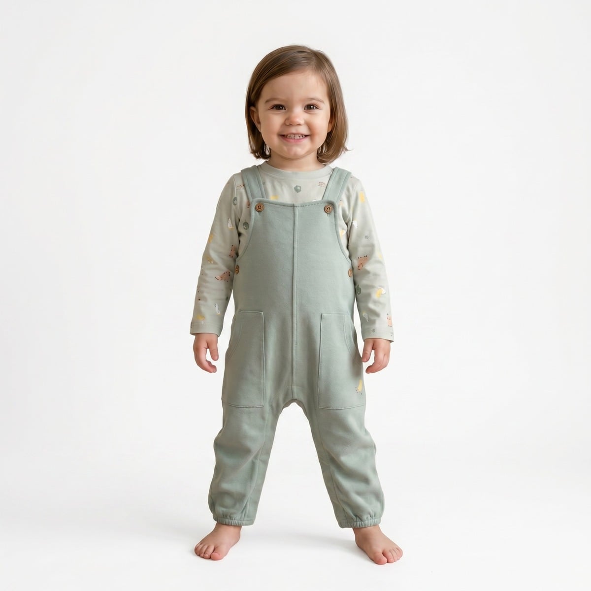 Baby Unisex Sage Green Cotton Farm Printed T-Shirt And Dungaree Set Regular Fit Casual Wear