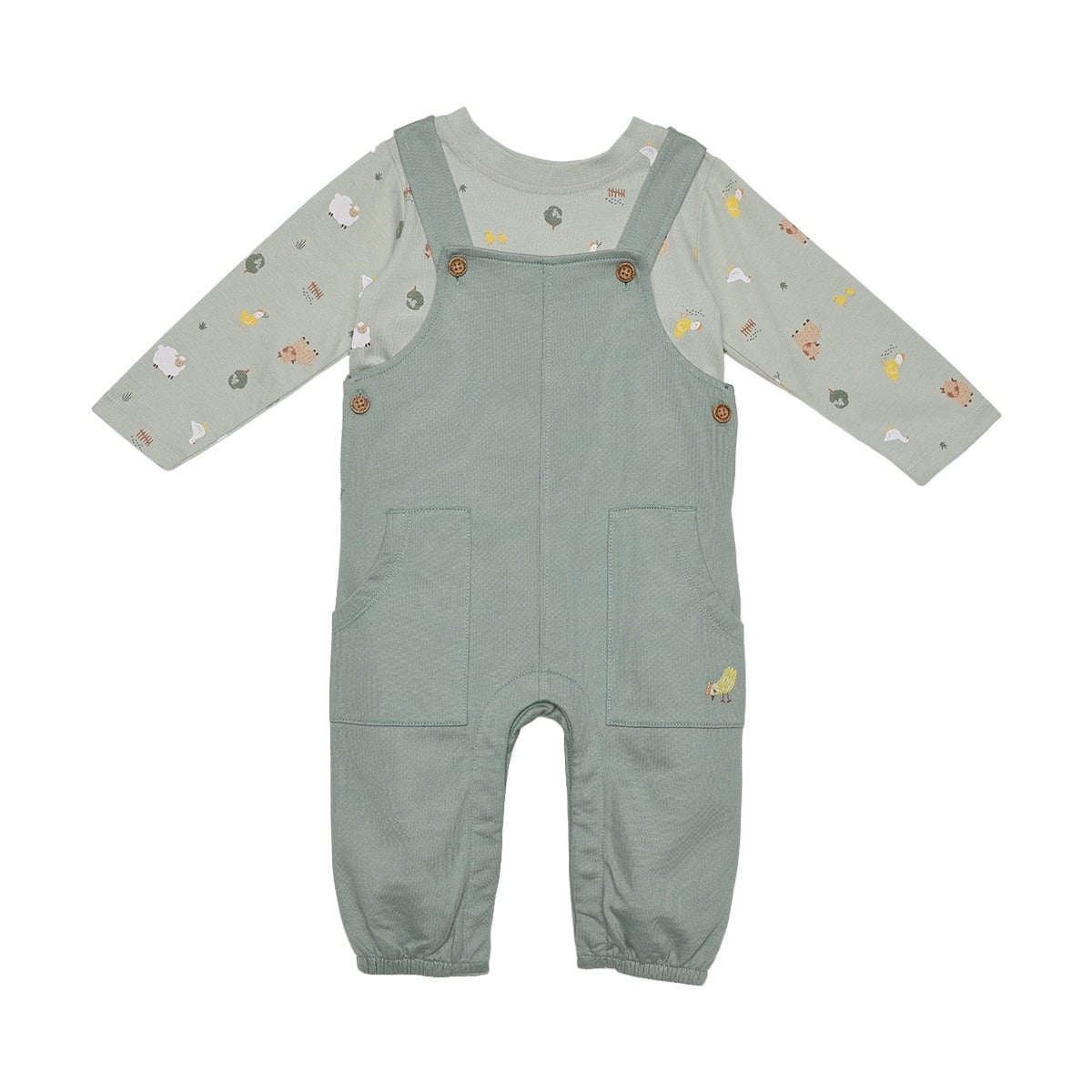 Baby Unisex Sage Green Cotton Farm Printed T-Shirt And Dungaree Set Regular Fit Casual Wear
