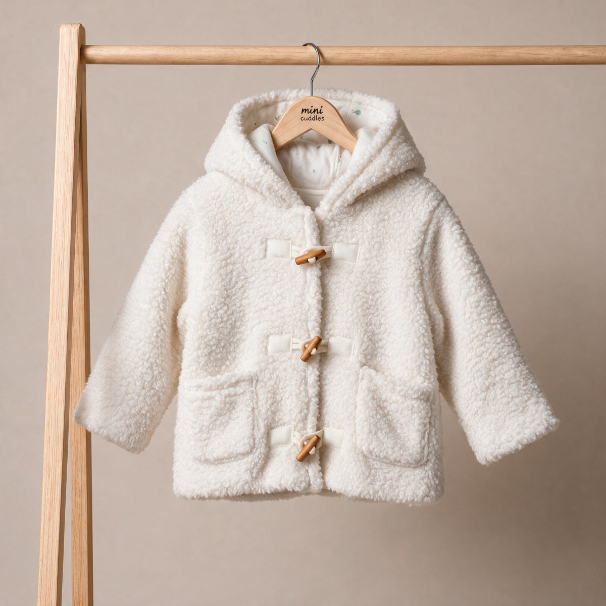 Baby Unisex White Polyester Hooded Jacket with Toggle Fastening for Winter Wea