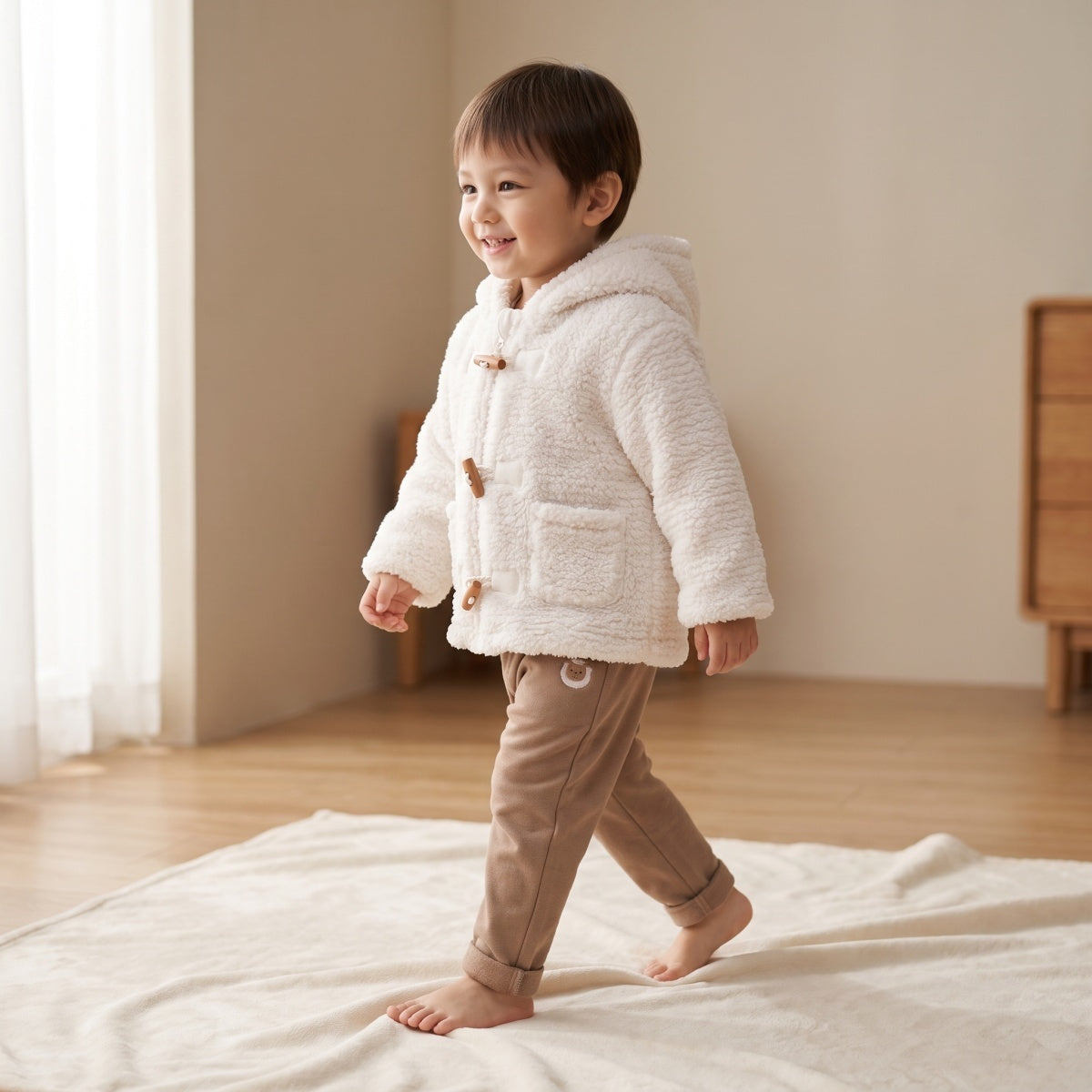 Baby Unisex White Polyester Hooded Jacket with Toggle Fastening for Winter Wea
