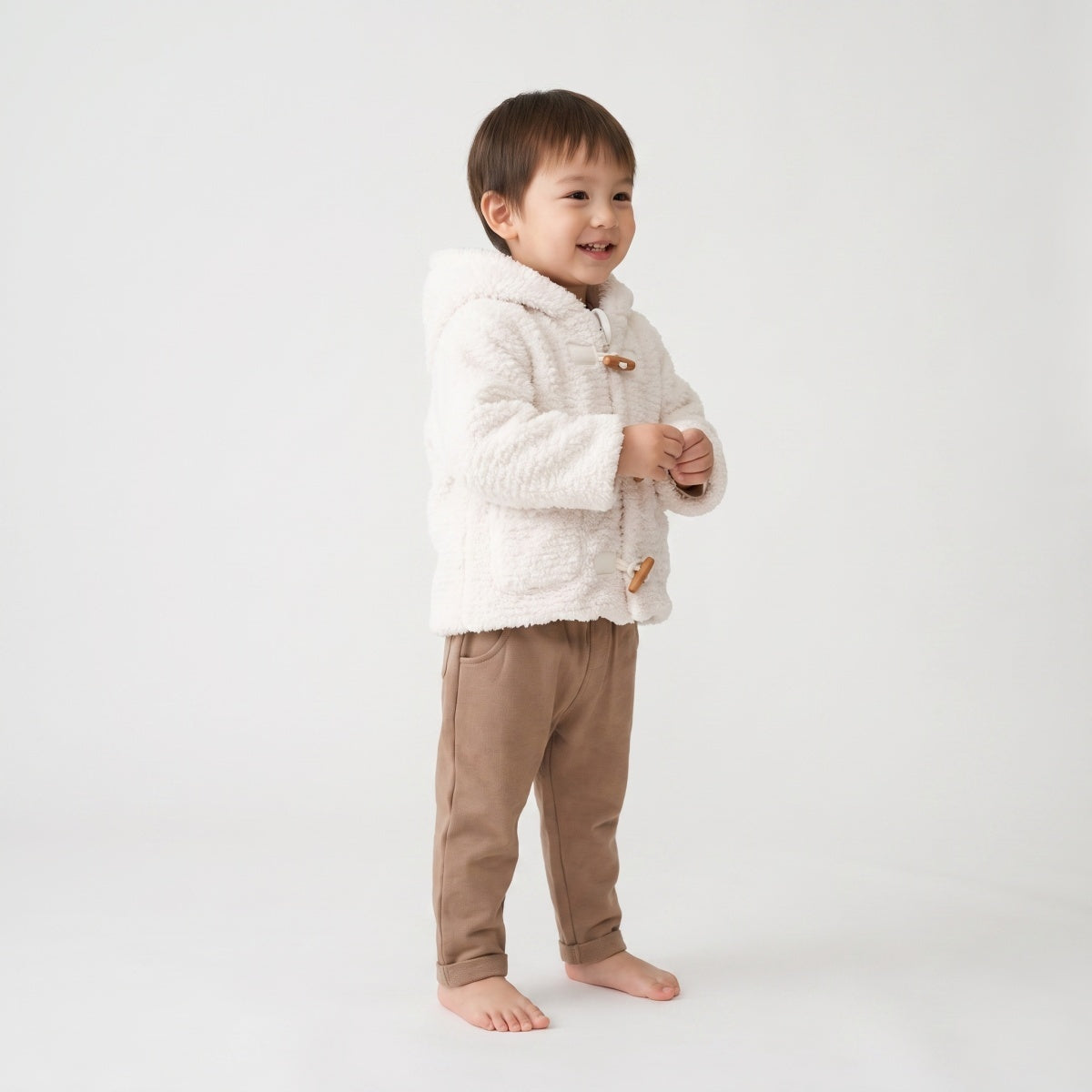 Baby Unisex White Polyester Hooded Jacket with Toggle Fastening for Winter Wea