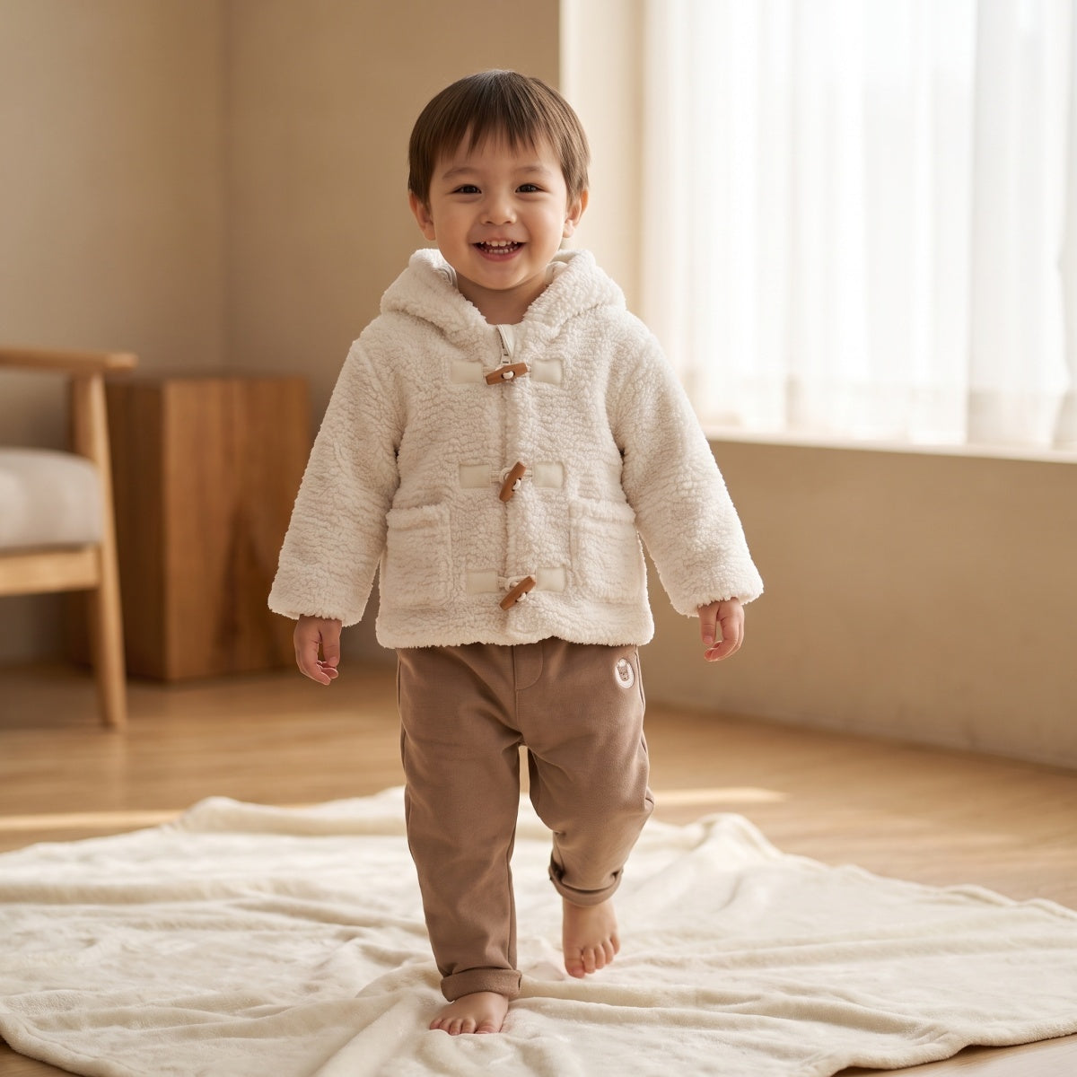 Baby Unisex White Polyester Hooded Jacket with Toggle Fastening for Winter Wea