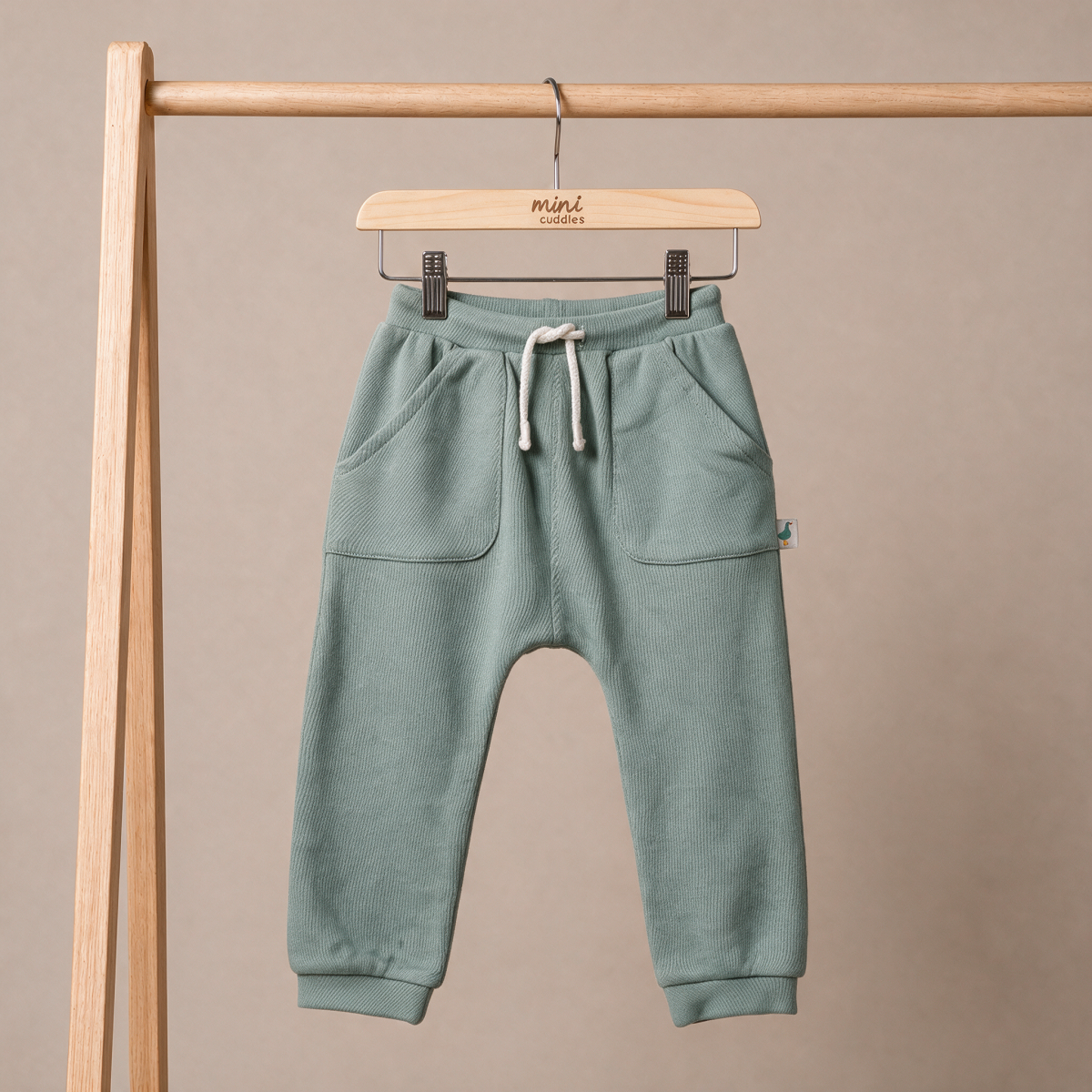 Baby Unisex Sage Green Cotton Blend Solid Knit Bottom With Pockets Regular Fit Casual Wear