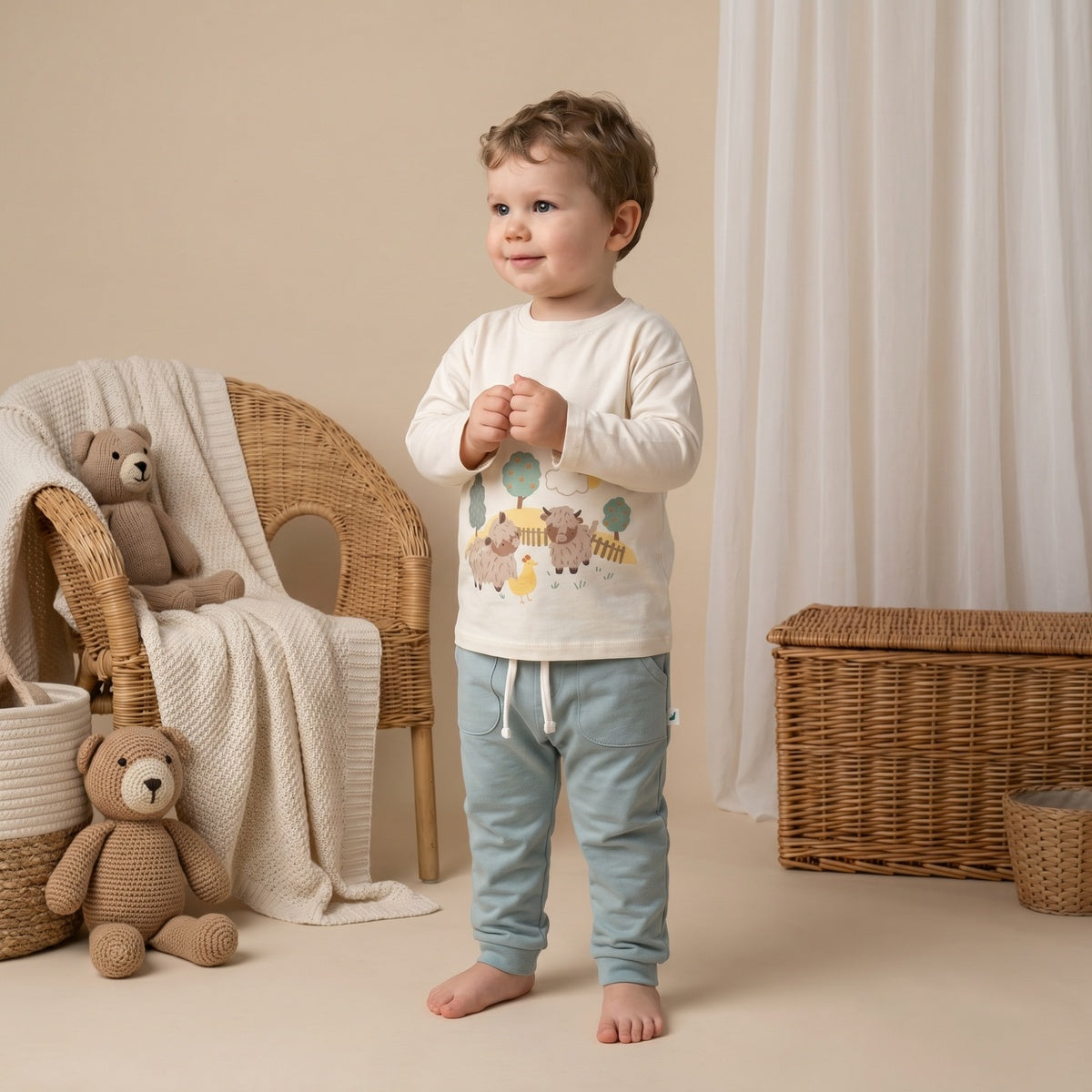 Baby Unisex Sage Green Cotton Blend Solid Knit Bottom With Pockets Regular Fit Casual Wear