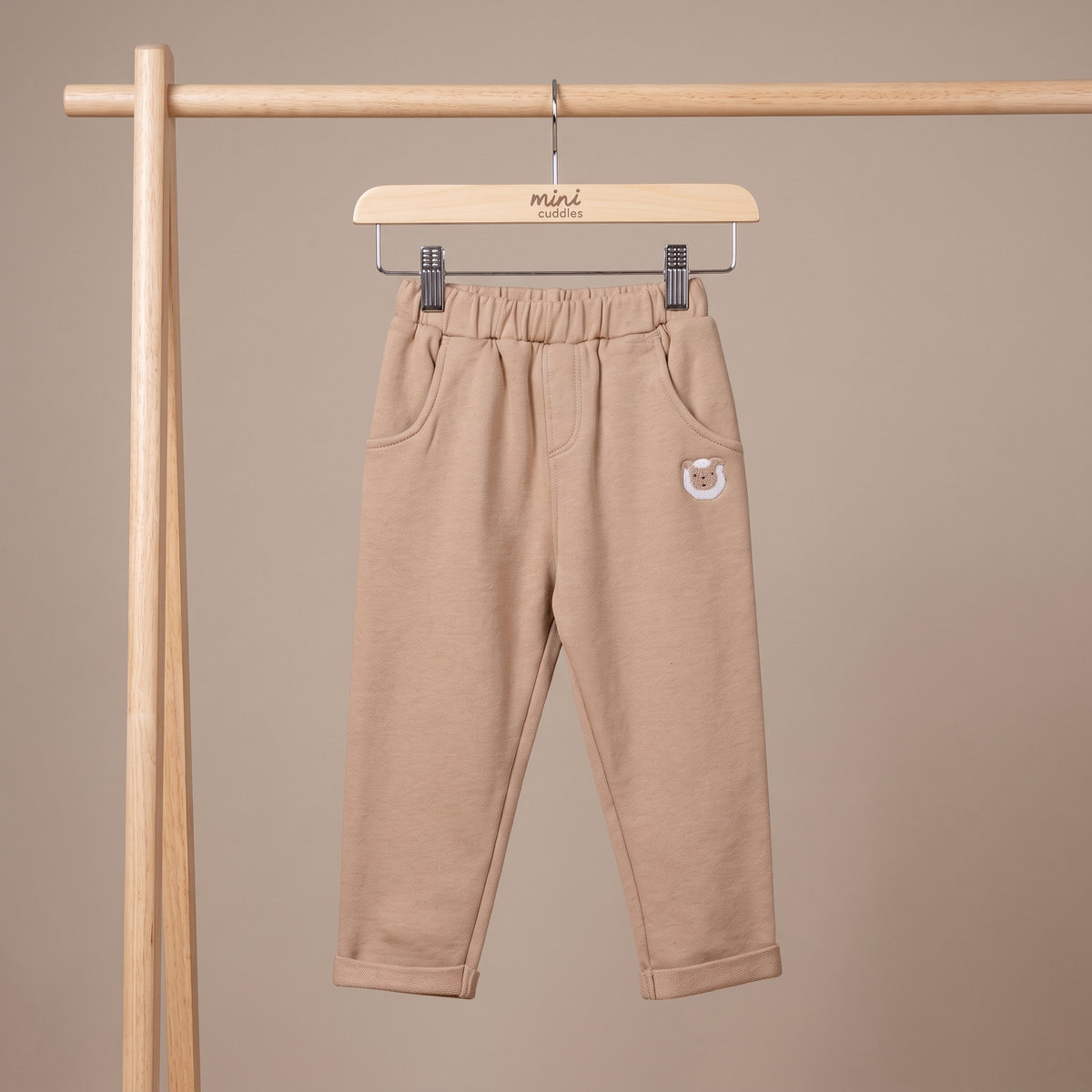 Baby Unisex Beige Cotton Bear Embroidered Knit Bottom Regular Fit Casual Wear