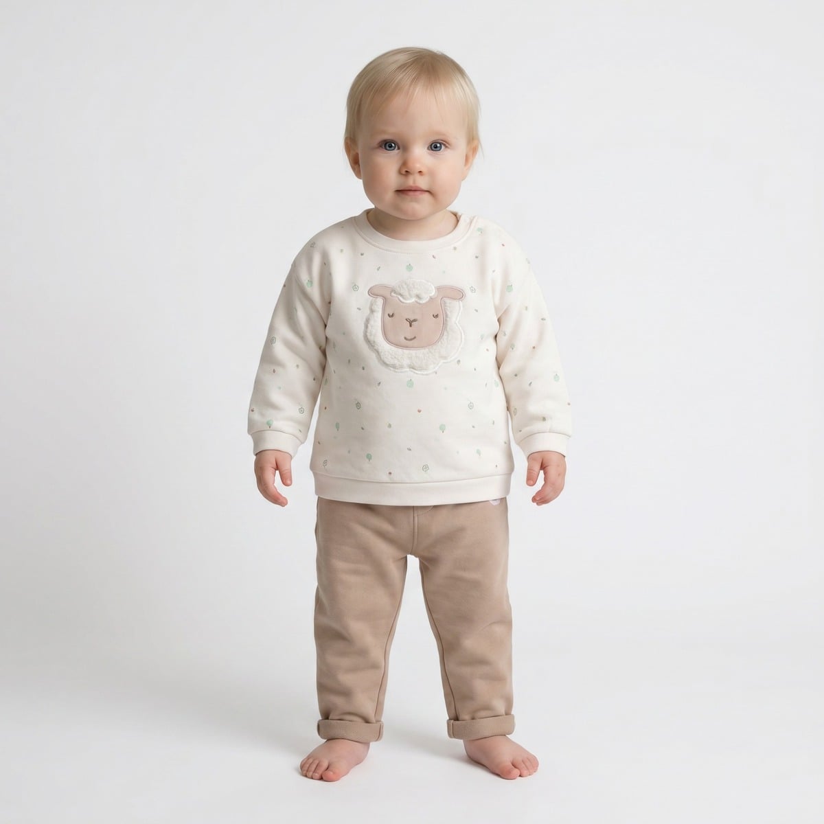 Baby Unisex Beige Cotton Bear Embroidered Knit Bottom Regular Fit Casual Wear