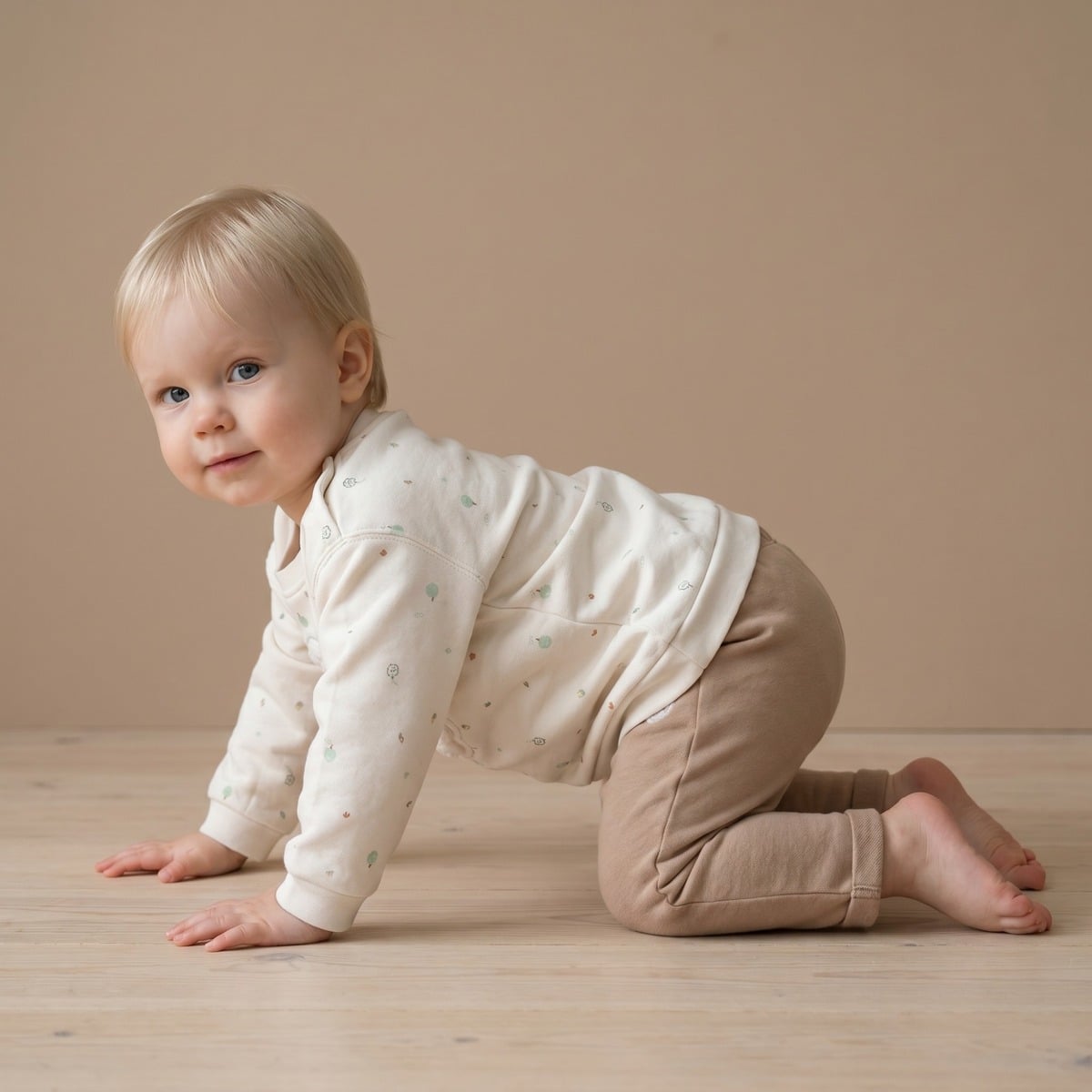 Baby Unisex Beige Cotton Bear Embroidered Knit Bottom Regular Fit Casual Wear