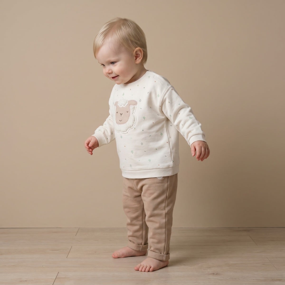 Baby Unisex Beige Cotton Bear Embroidered Knit Bottom Regular Fit Casual Wear