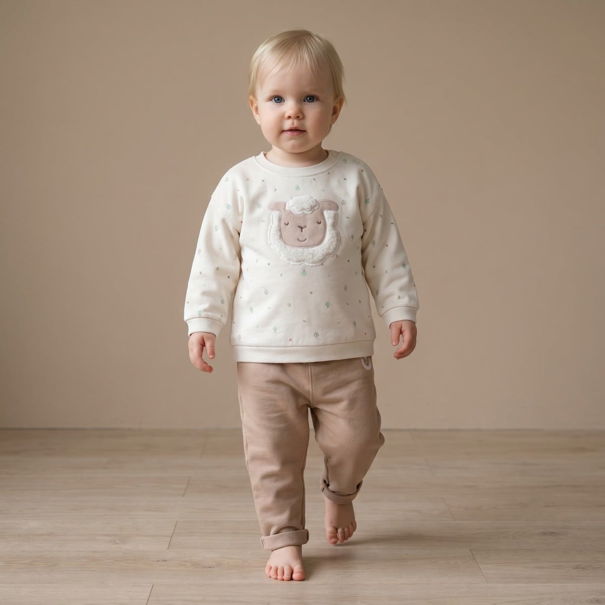 Baby Unisex Beige Cotton Bear Embroidered Knit Bottom Regular Fit Casual Wear