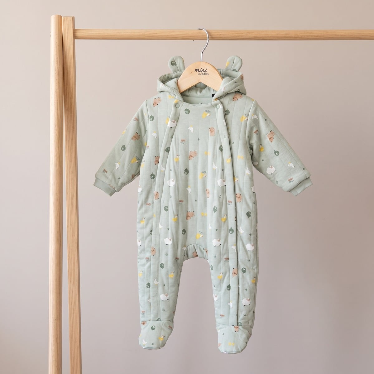 Baby Unisex Sage Green Cotton Farm Printed Padded Hooded Pramsuit Regular Fit Casual Wear