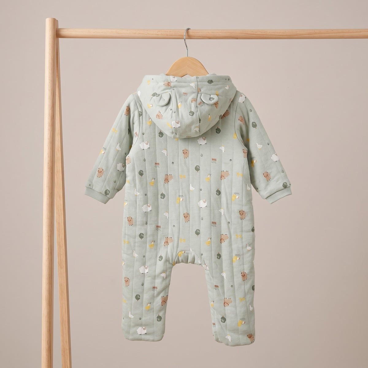 Baby Unisex Sage Green Cotton Farm Printed Padded Hooded Pramsuit Regular Fit Casual Wear