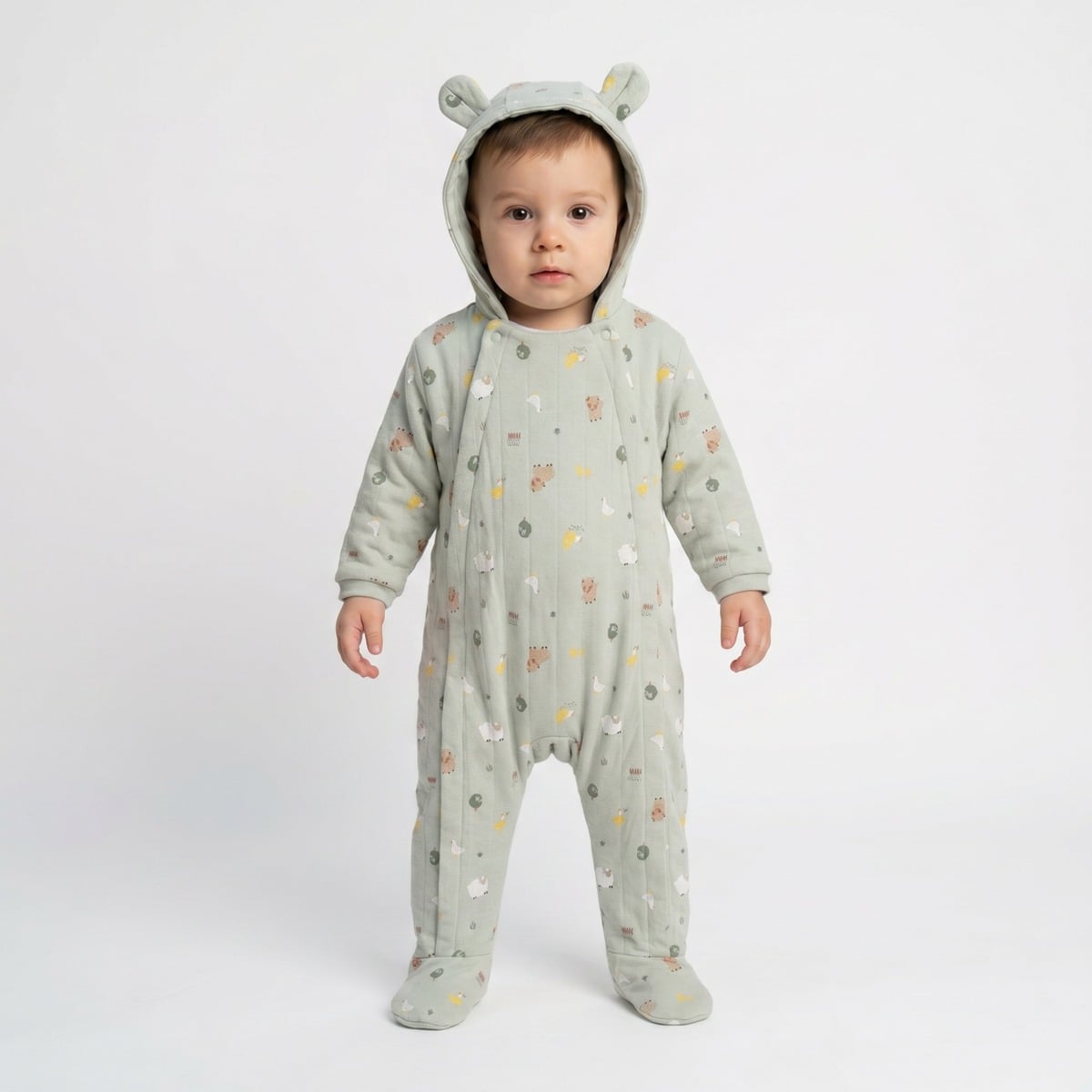 Baby Unisex Sage Green Cotton Farm Printed Padded Hooded Pramsuit Regular Fit Casual Wear