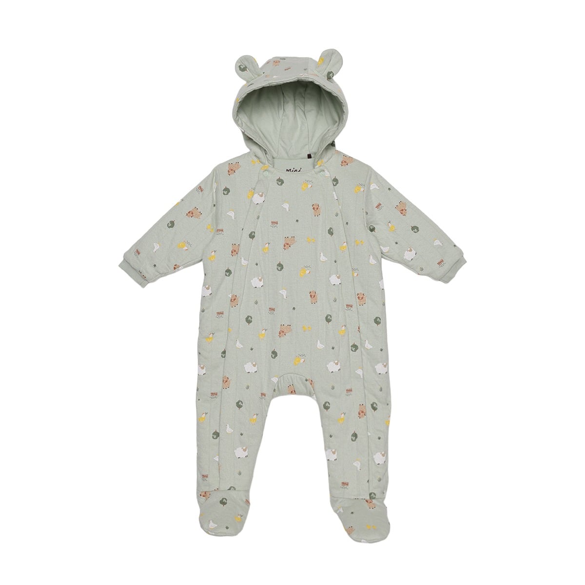 Baby Unisex Sage Green Cotton Farm Printed Padded Hooded Pramsuit Regular Fit Casual Wear