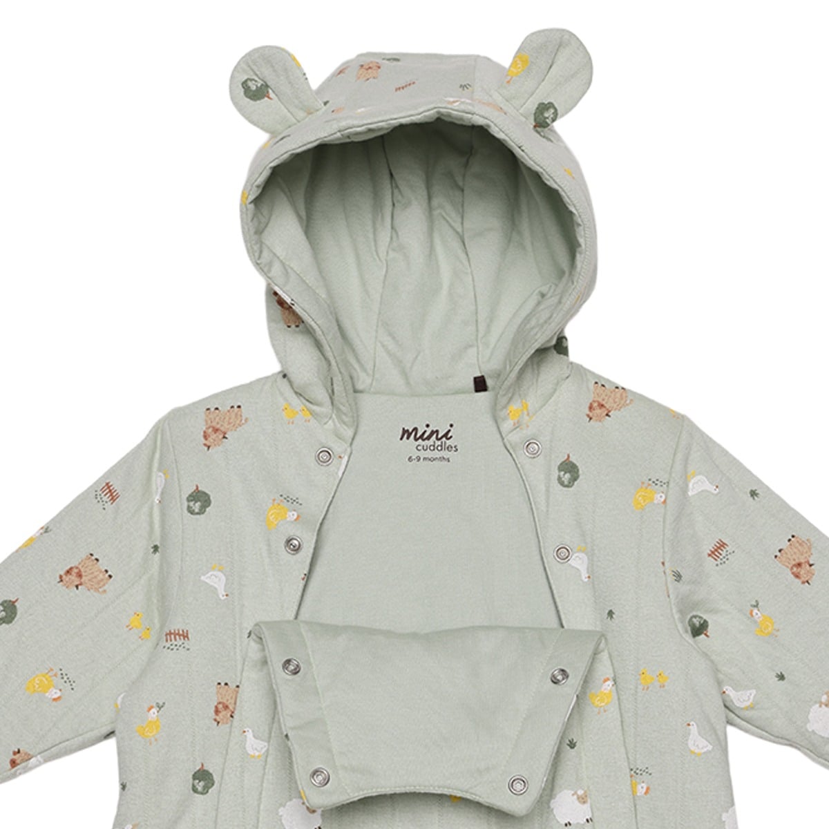 Baby Unisex Sage Green Cotton Farm Printed Padded Hooded Pramsuit Regular Fit Casual Wear