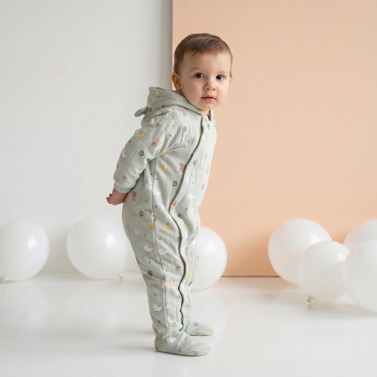 Baby Unisex Sage Green Cotton Farm Printed Padded Hooded Pramsuit Regular Fit Casual Wear