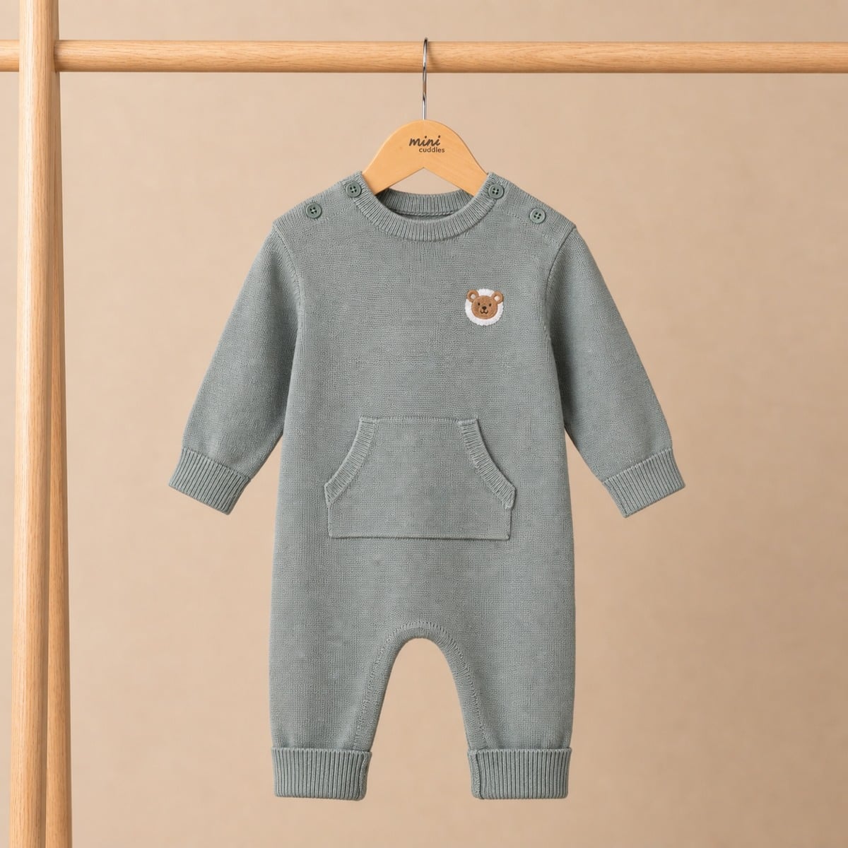 Baby Unisex Sage Green Cotton Lamb Embroidered Knitted Romper Regular Fit Casual Wear