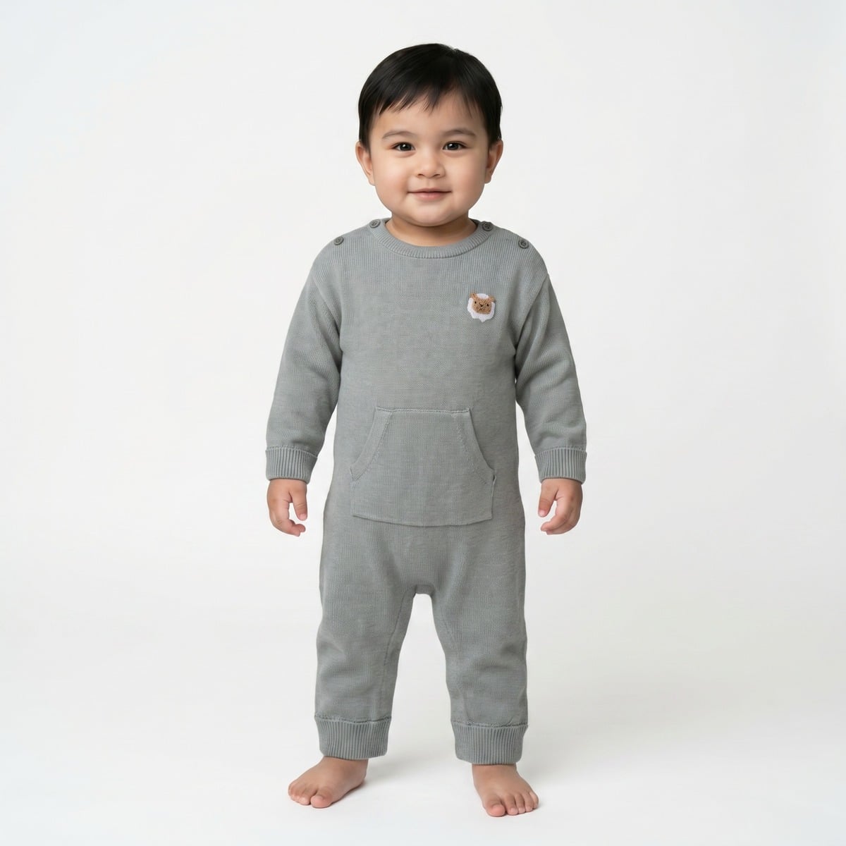 Baby Unisex Sage Green Cotton Lamb Embroidered Knitted Romper Regular Fit Casual Wear