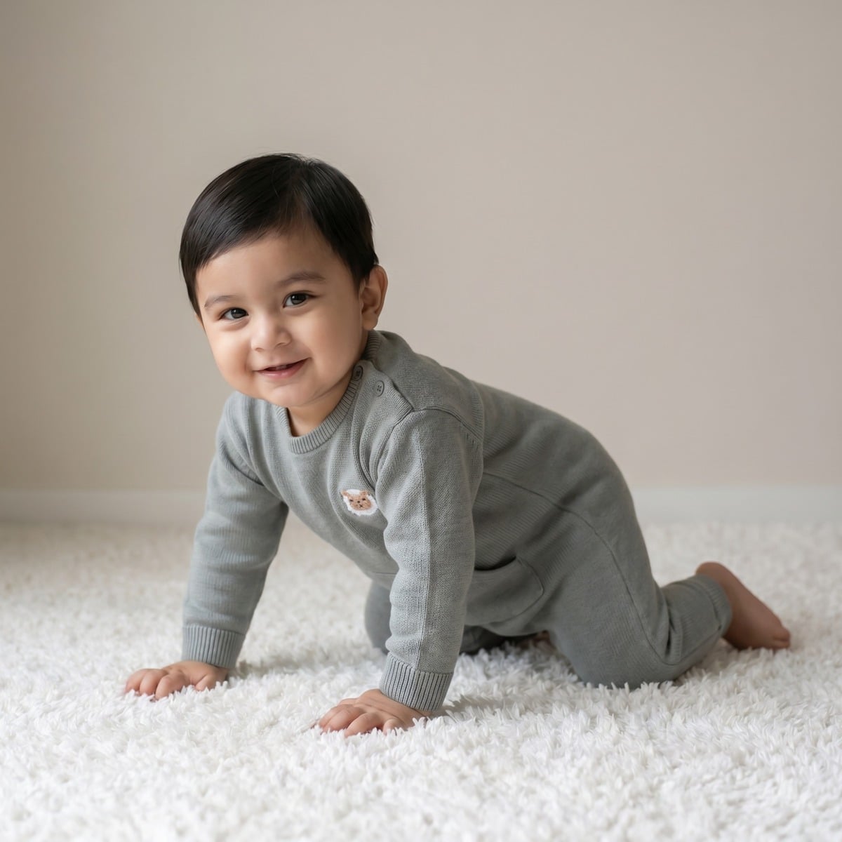 Baby Unisex Sage Green Cotton Lamb Embroidered Knitted Romper Regular Fit Casual Wear