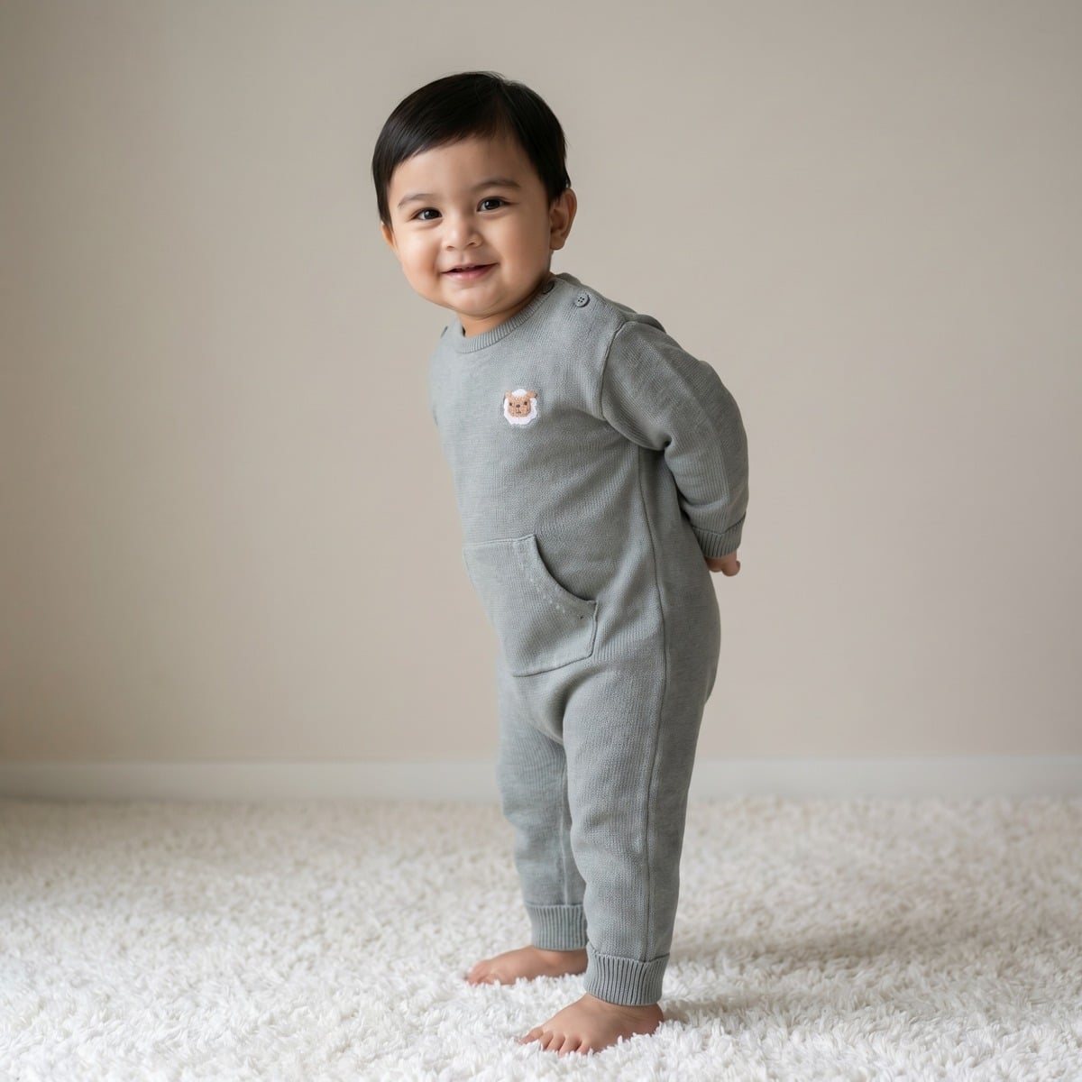 Baby Unisex Sage Green Cotton Lamb Embroidered Knitted Romper Regular Fit Casual Wear