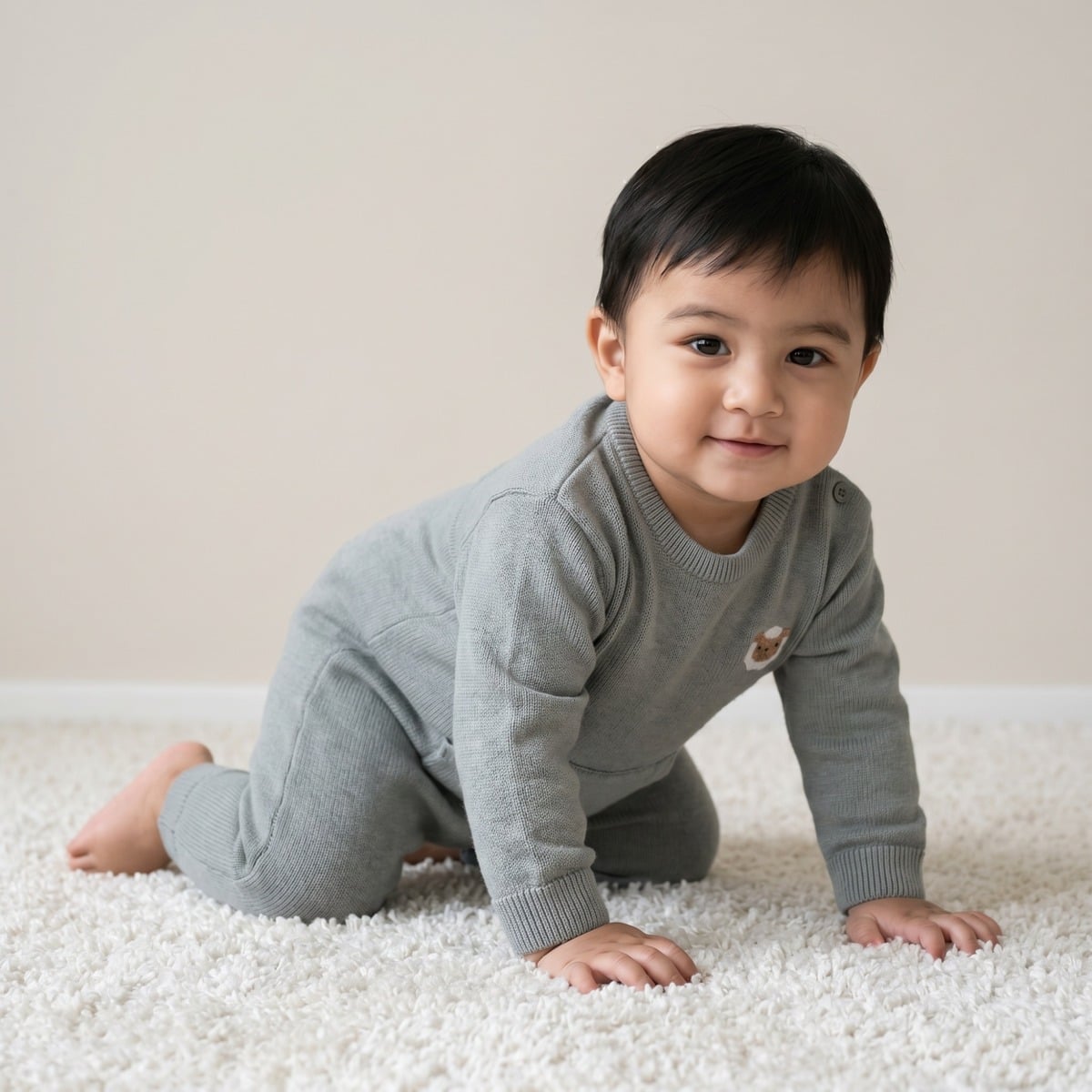 Baby Unisex Sage Green Cotton Lamb Embroidered Knitted Romper Regular Fit Casual Wear