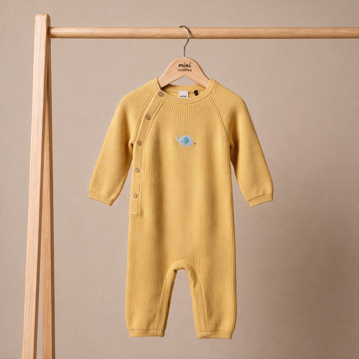 Baby Unisex Mustard Yellow Cotton Blend Elephant Embroidered Knitted Romper Regular Fit Casual Wear