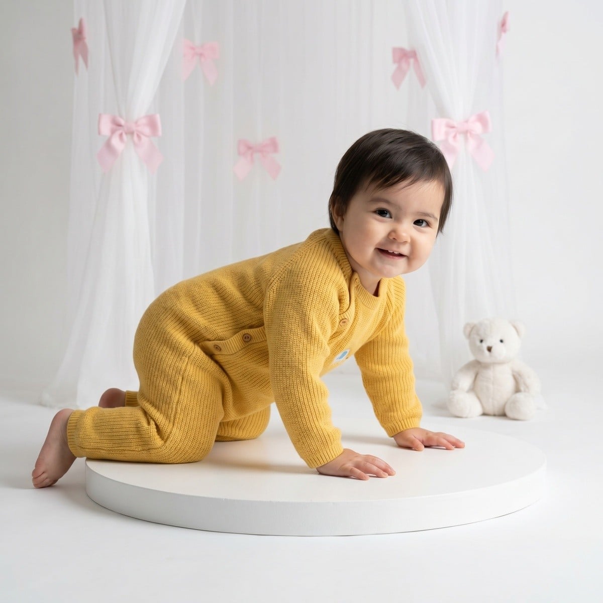Baby Unisex Mustard Yellow Cotton Blend Elephant Embroidered Knitted Romper Regular Fit Casual Wear