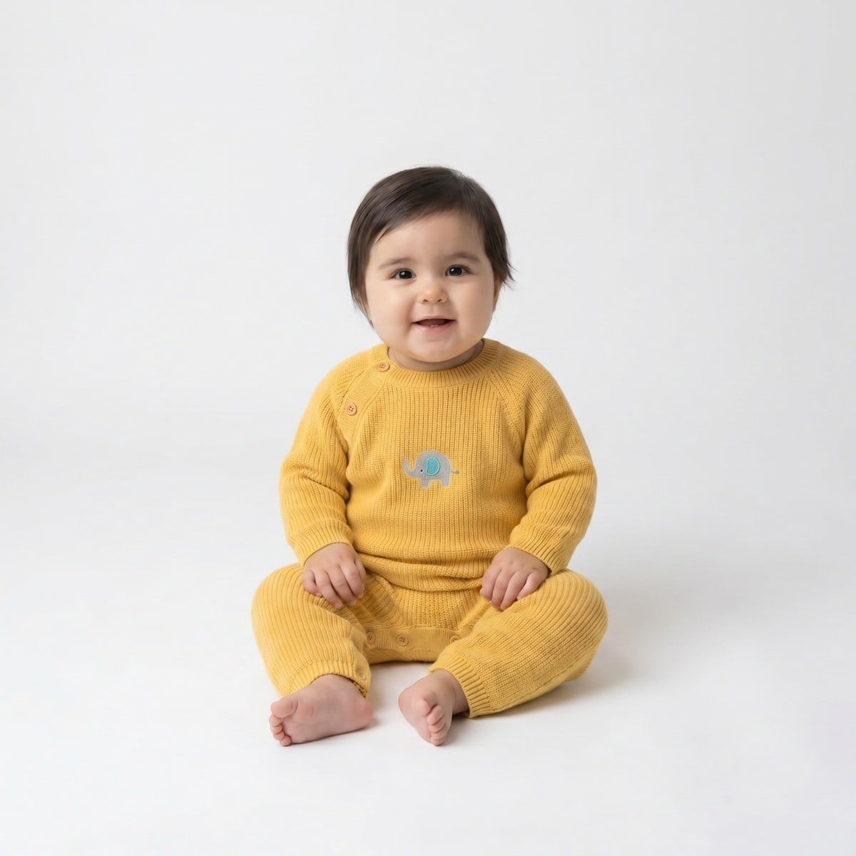 Baby Unisex Mustard Yellow Cotton Blend Elephant Embroidered Knitted Romper Regular Fit Casual Wear