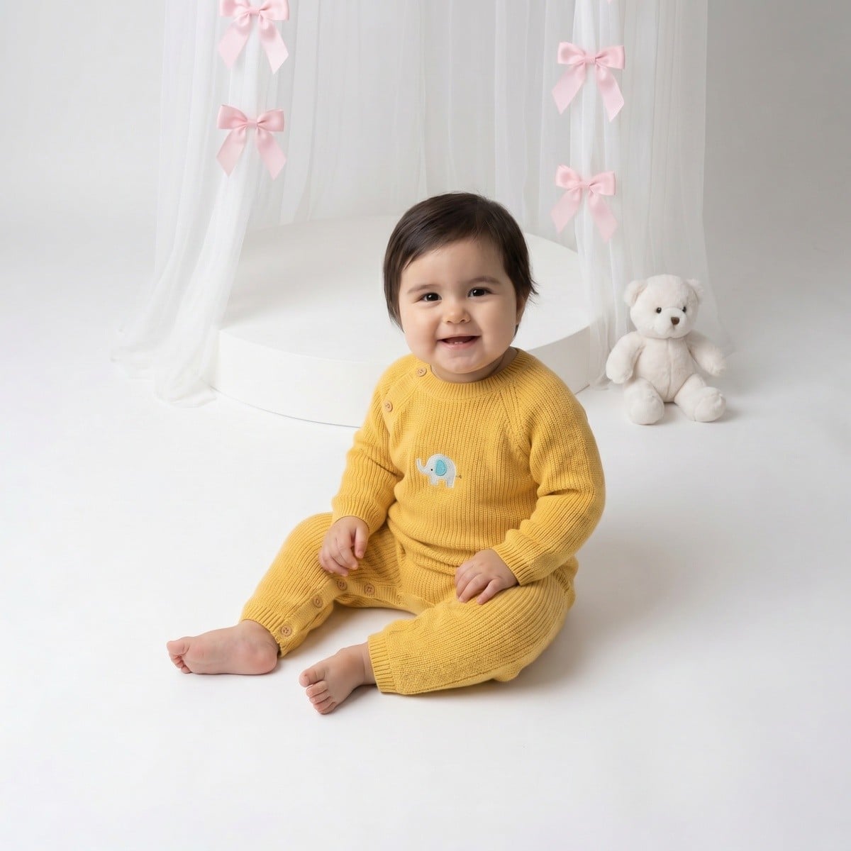 Baby Unisex Mustard Yellow Cotton Blend Elephant Embroidered Knitted Romper Regular Fit Casual Wear