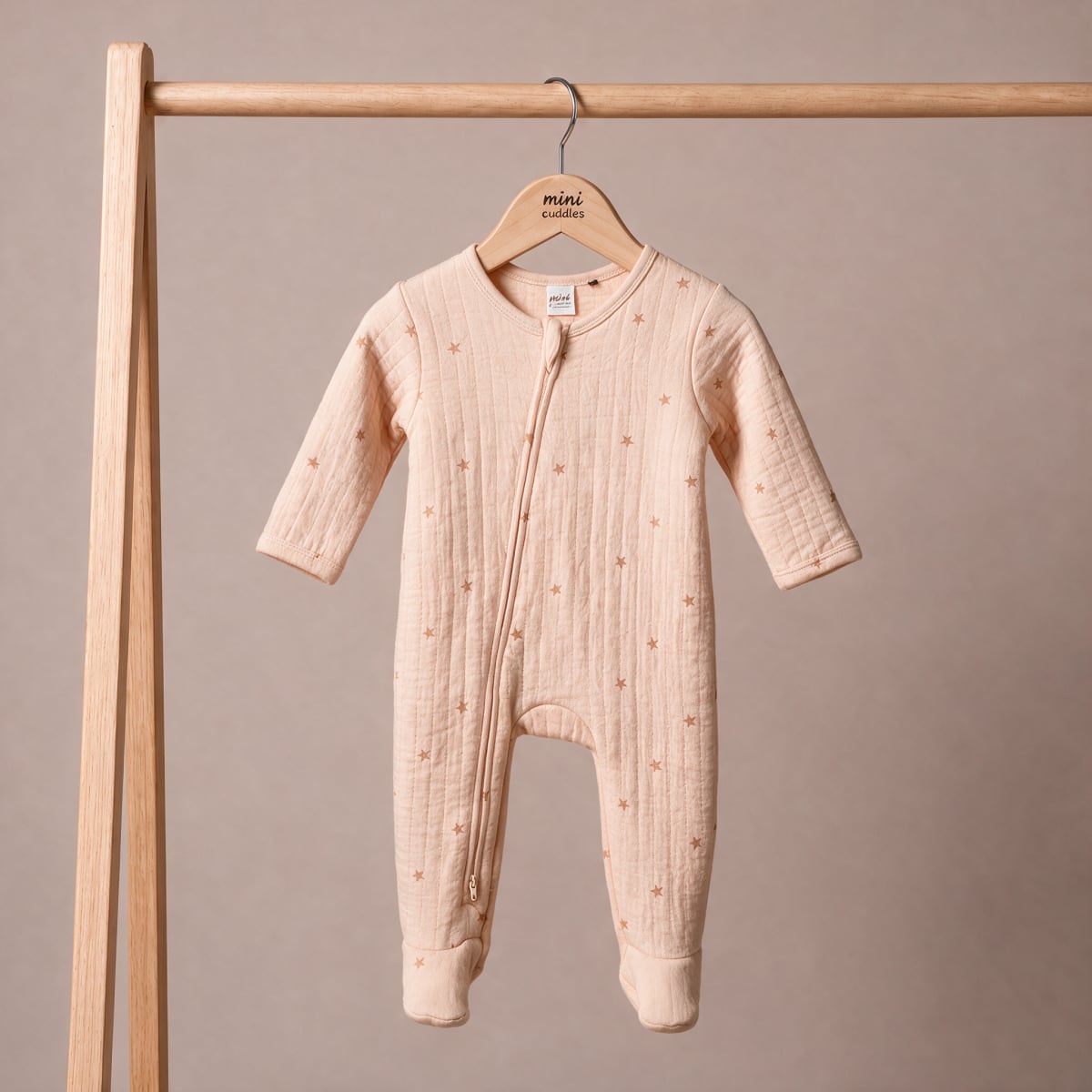 Baby Unisex Peach Cotton Star Printed Sleepsuit with Cap Regular Fit Nightwear Set