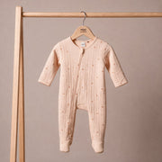 Baby Unisex Peach Cotton Star Printed Sleepsuit with Cap Regular Fit Nightwear Set