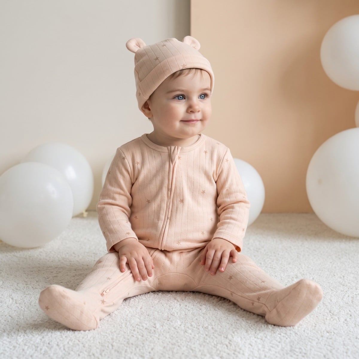 Baby Unisex Peach Cotton Star Printed Sleepsuit with Cap Regular Fit Nightwear Set