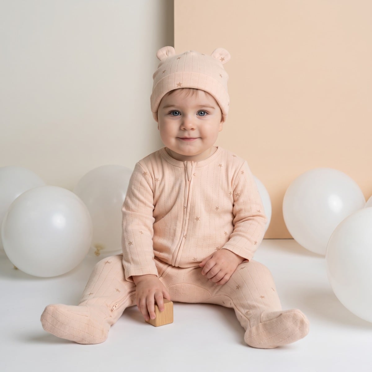 Baby Unisex Peach Cotton Star Printed Sleepsuit with Cap Regular Fit Nightwear Set
