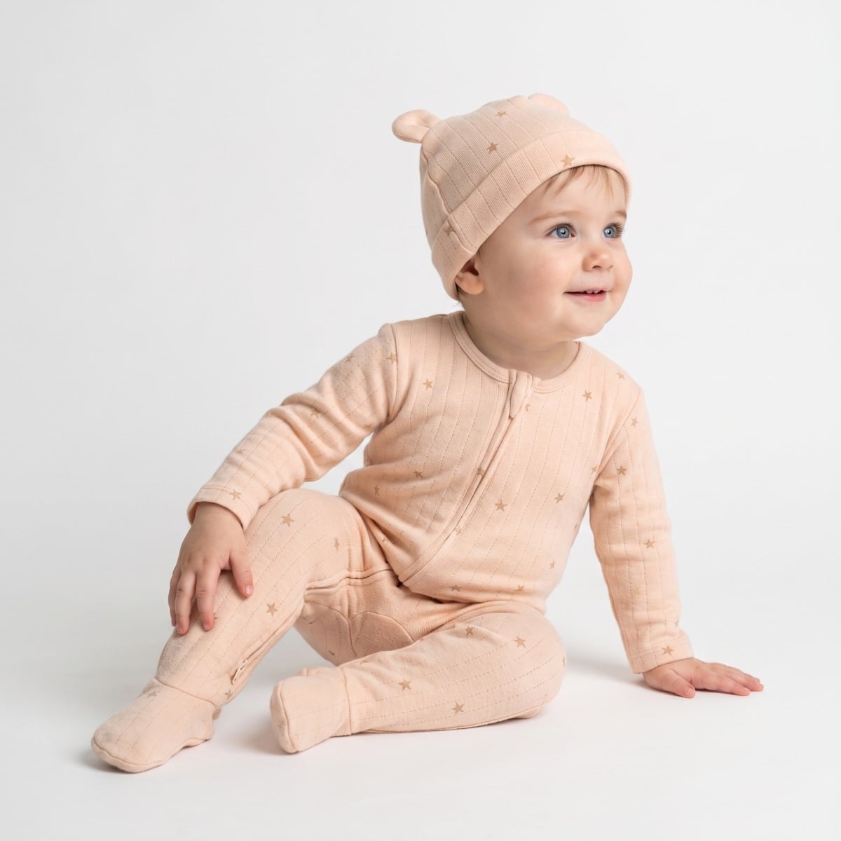 Baby Unisex Peach Cotton Star Printed Sleepsuit with Cap Regular Fit Nightwear Set