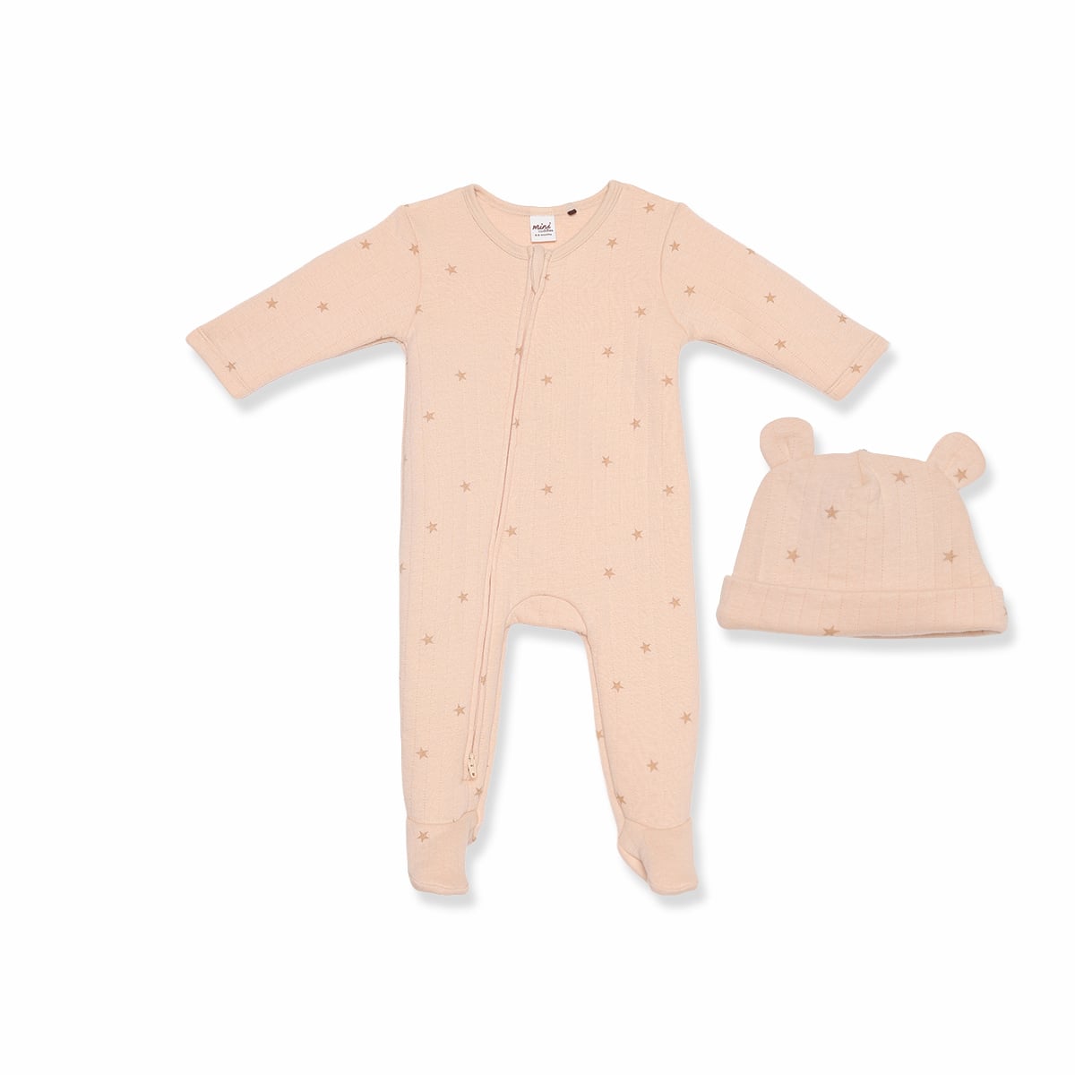 Baby Unisex Peach Cotton Star Printed Sleepsuit with Cap Regular Fit Nightwear Set