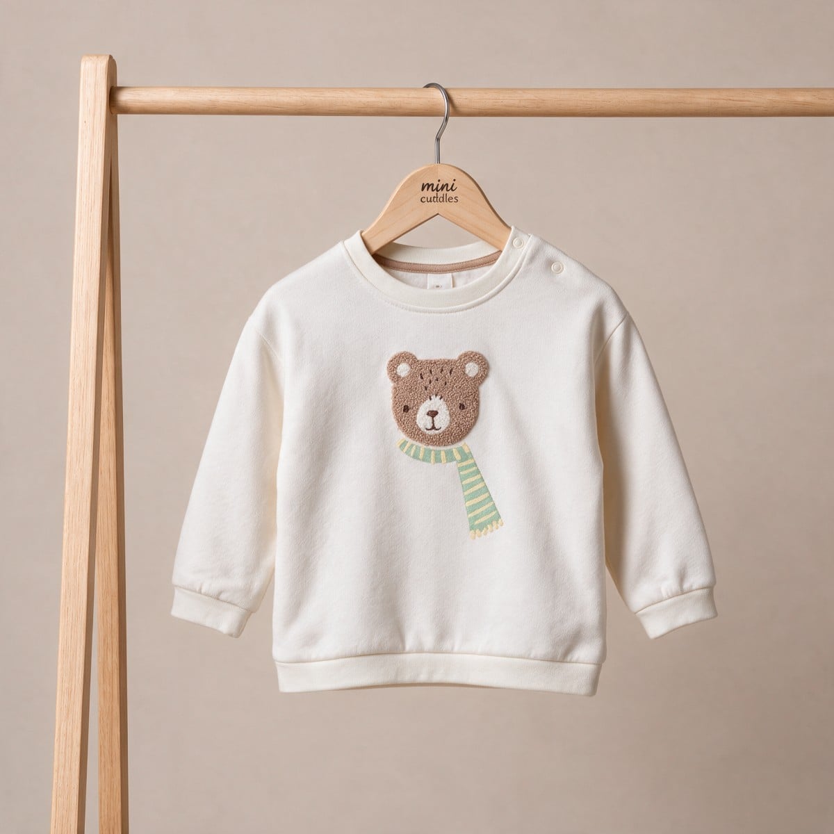 Baby Boys Off-White Cotton Blend Bear Embroidered Sweatshirt Regular Fit Casual Wear
