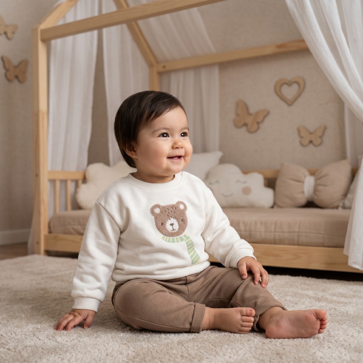 Baby Boys Off-White Cotton Blend Bear Embroidered Sweatshirt Regular Fit Casual Wear