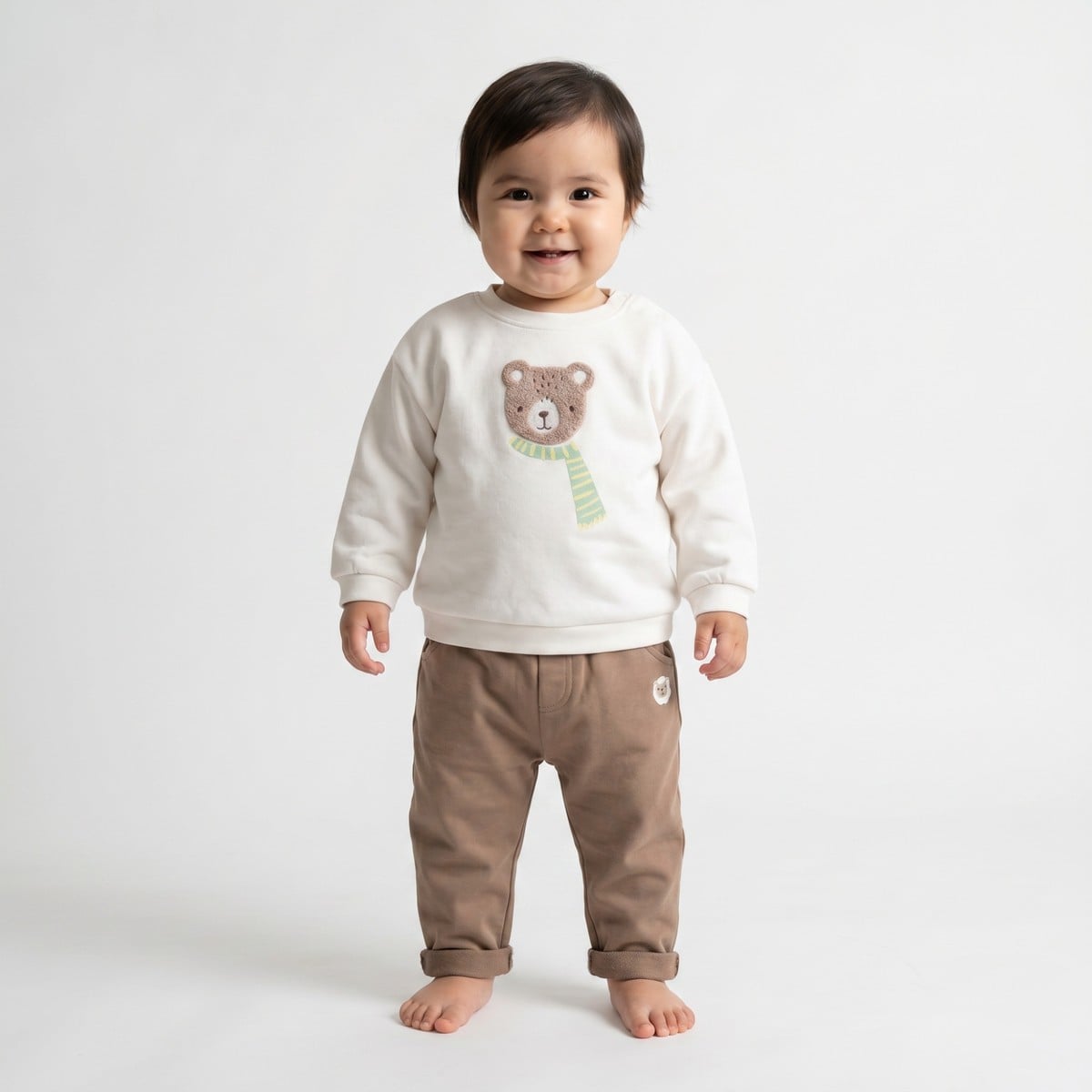 Baby Boys Off-White Cotton Blend Bear Embroidered Sweatshirt Regular Fit Casual Wear