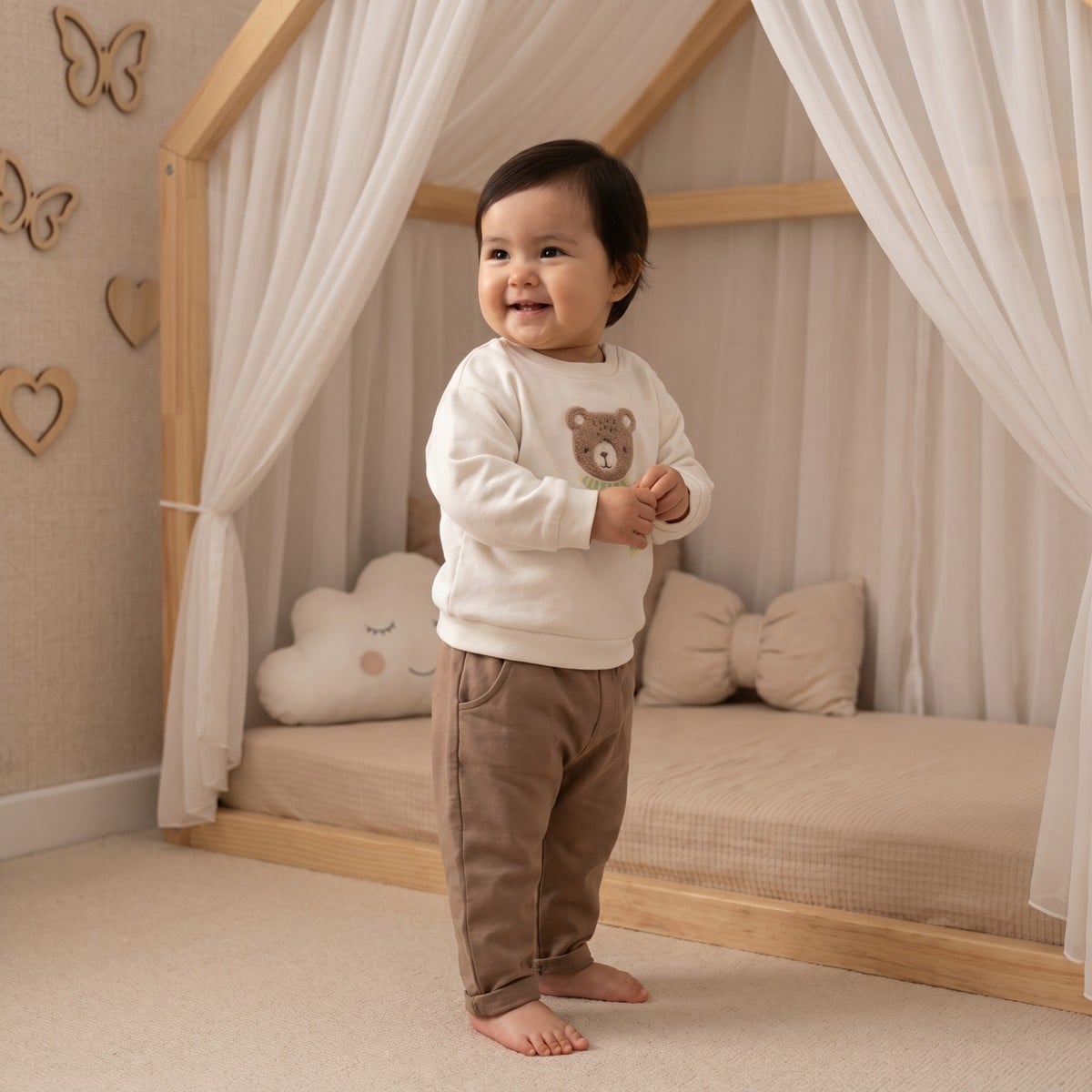 Baby Boys Off-White Cotton Blend Bear Embroidered Sweatshirt Regular Fit Casual Wear