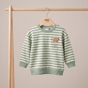 Baby Unisex Sage Green And Cream Cotton Blend Striped Highland Cow Embroidered Sweater Regular Fit Casual Wear