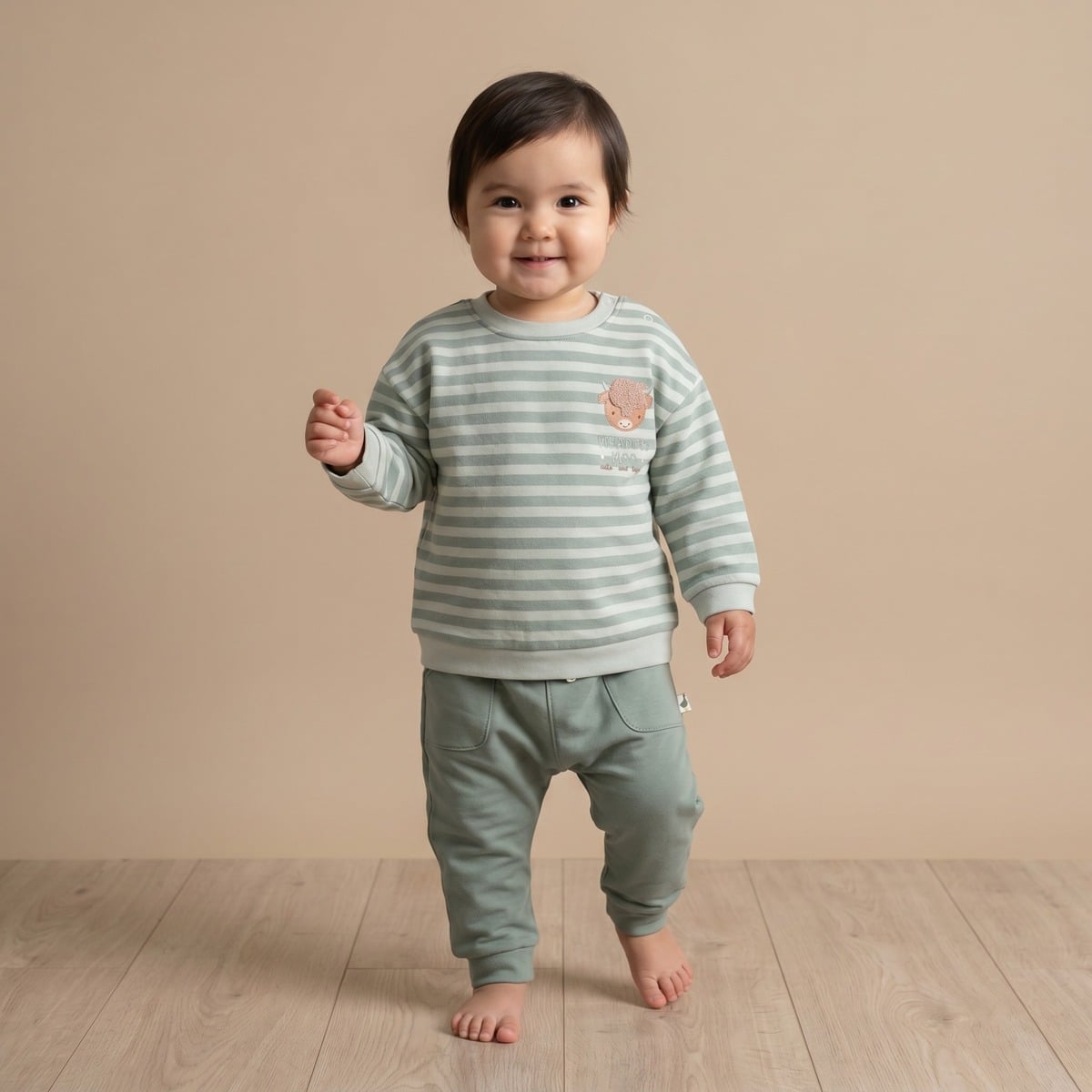 Baby Unisex Sage Green And Cream Cotton Blend Striped Highland Cow Embroidered Sweater Regular Fit Casual Wear
