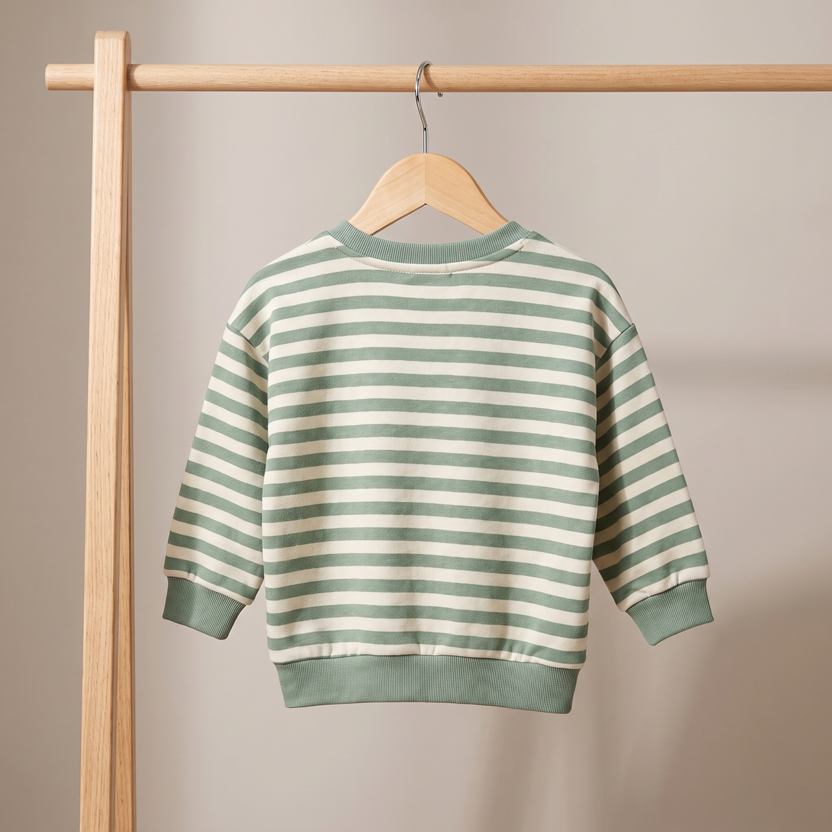 Baby Unisex Sage Green And Cream Cotton Blend Striped Highland Cow Embroidered Sweater Regular Fit Casual Wear